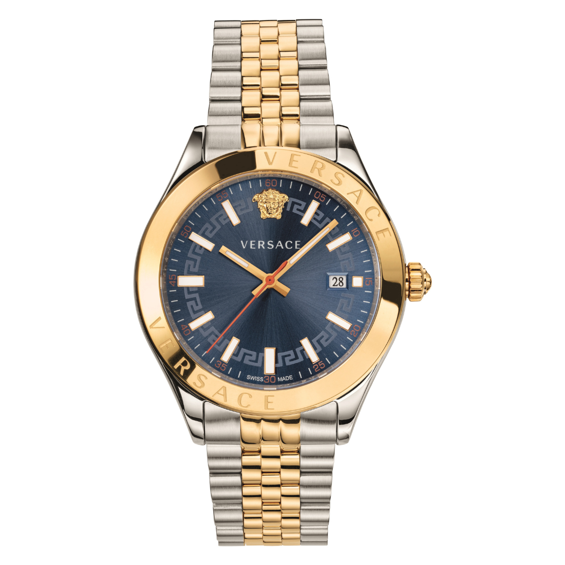 A Versace Hellen navy blue dial men's watch with a metallic band and a blue leather strap, featuring a navy blue dial and silver-tone case.