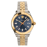 A Versace Hellen navy blue dial men's watch with a metallic band and a blue leather strap, featuring a navy blue dial and silver-tone case.