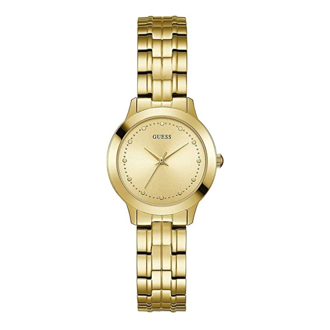 A Guess women's analog watch with a champagne dial and a gold-tone stainless steel strap.