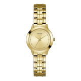 A Guess women's analog watch with a champagne dial and a gold-tone stainless steel strap.