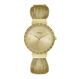 Gold watch with mesh band on a white background
