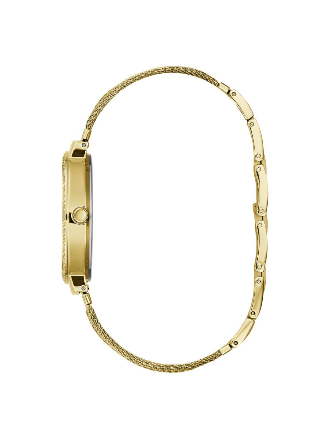 Gold watch with a textured band on a white background