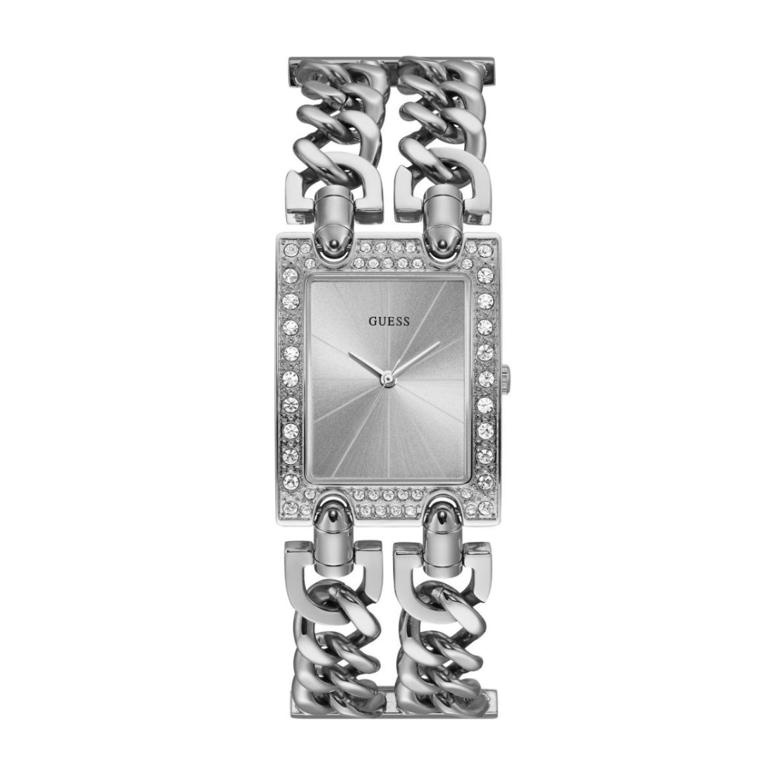 Silver chain-link watch with a square face on a white background