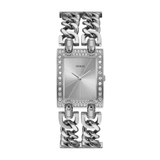 Silver chain-link watch with a square face on a white background