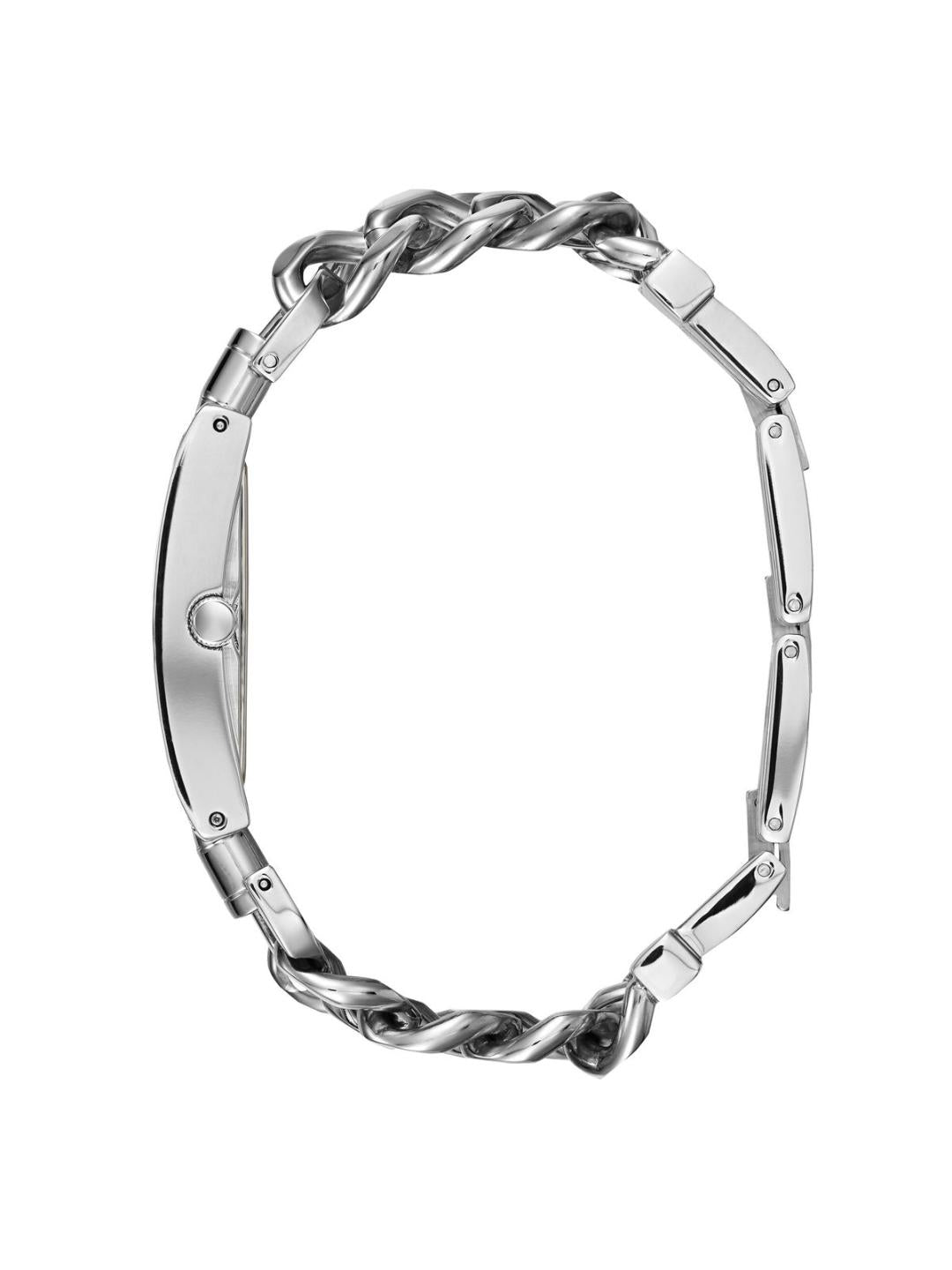 Silver bracelet with braided design on a white background