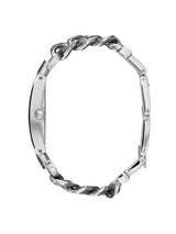 Silver bracelet with braided design on a white background