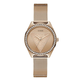 Rose gold watch with mesh band and triangle design on a white background