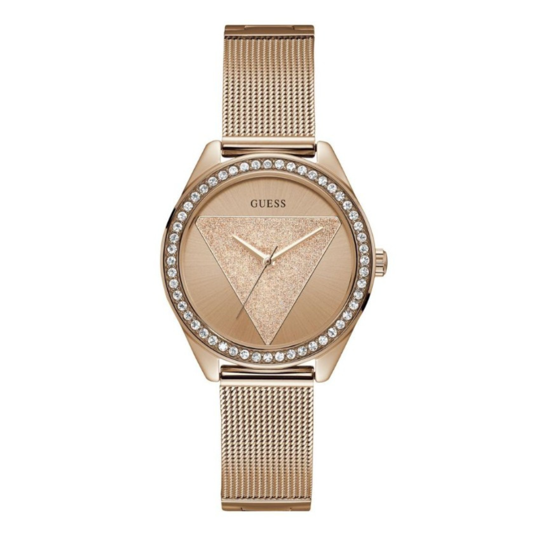 Rose gold watch with mesh band and triangle design on a white background