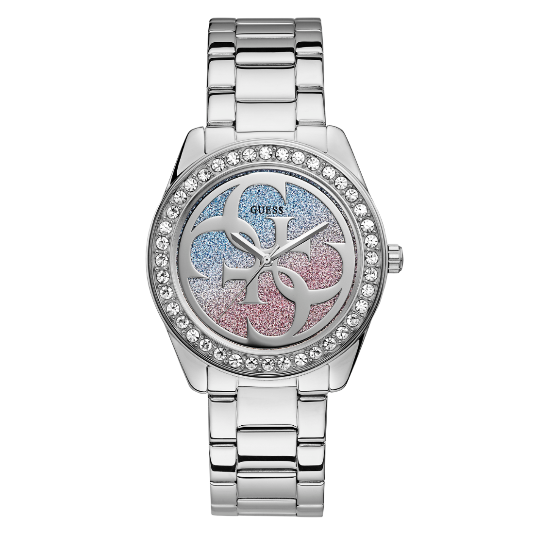 Silver watch with a colorful face on a white background