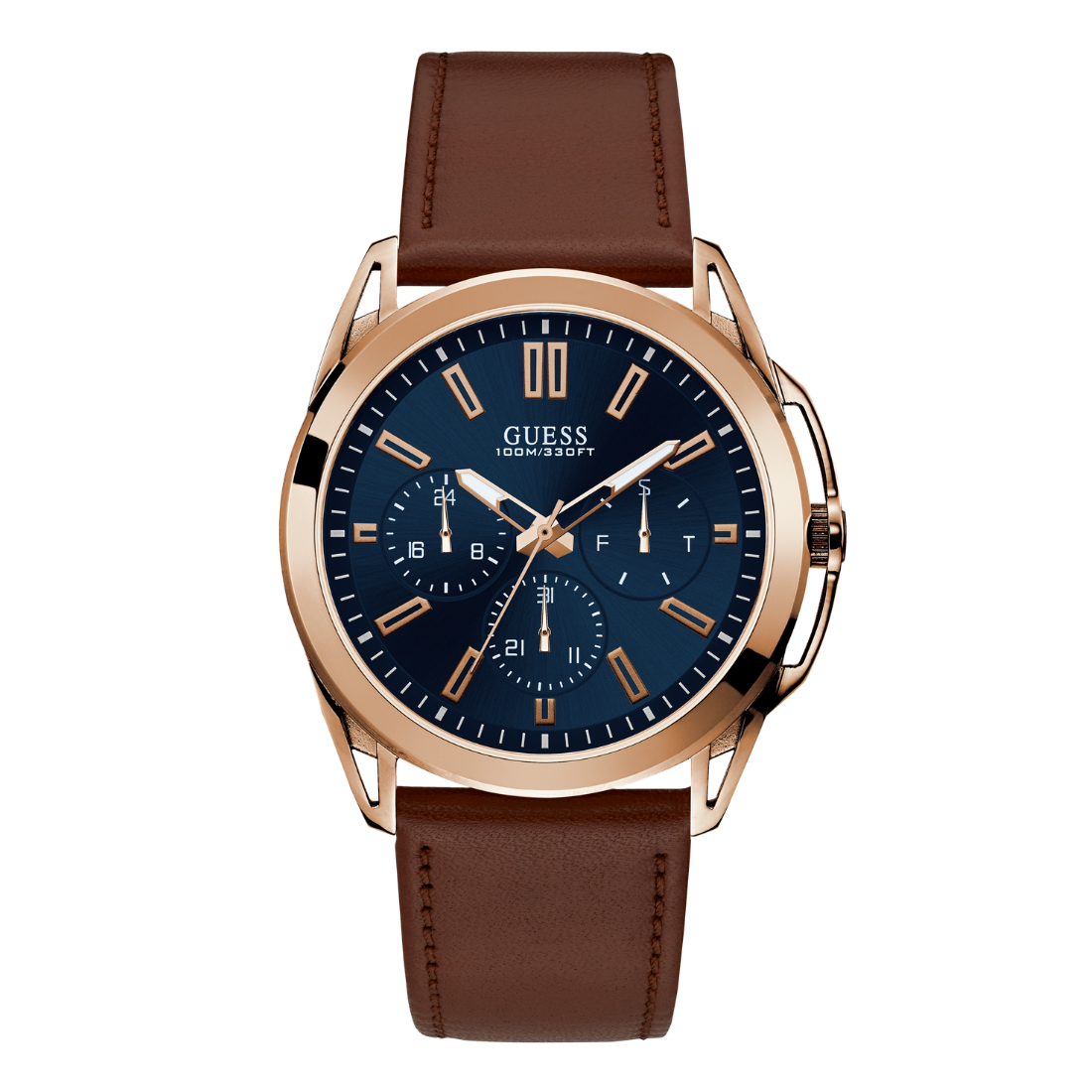 A Guess brand men's multi-function watch with a blue dial, brown leather band, and rose gold case.