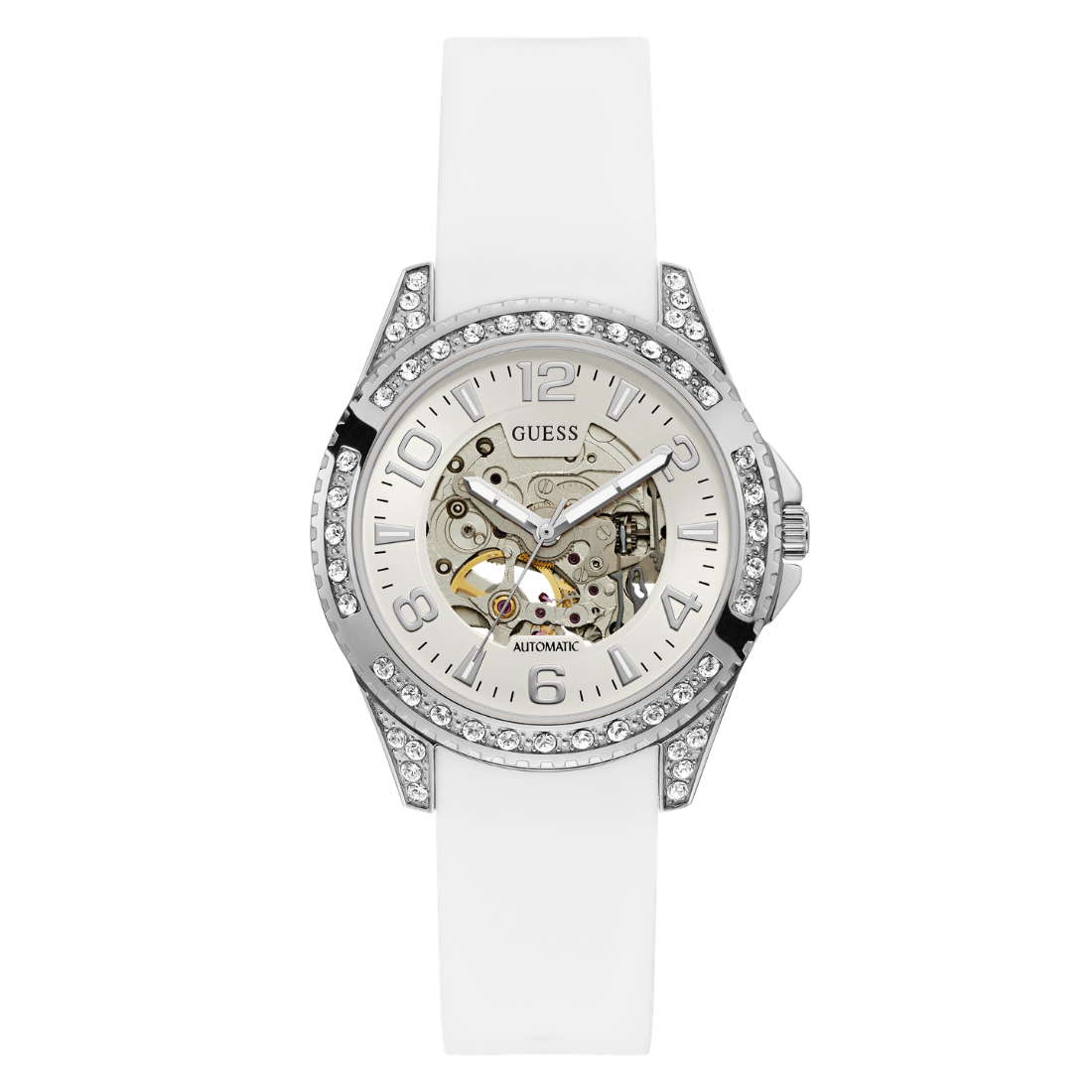 White watch with silver case and crystal accents on a white background