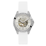 White watch with silver case and crystal accents on a white background