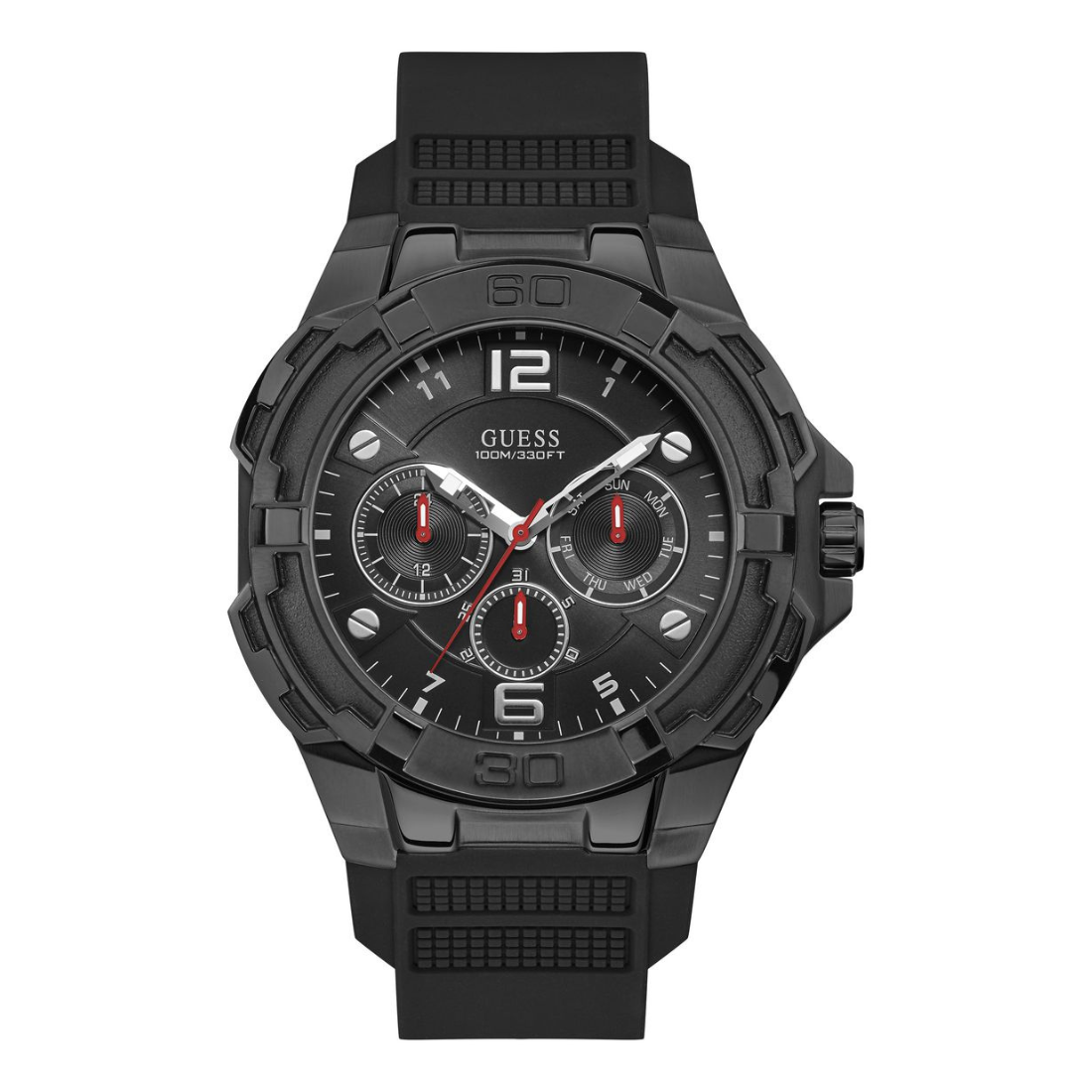 Black Guess watch with detailed face on a white background