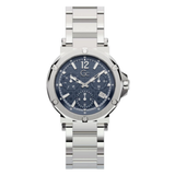 Silver watch with a blue face on a white background