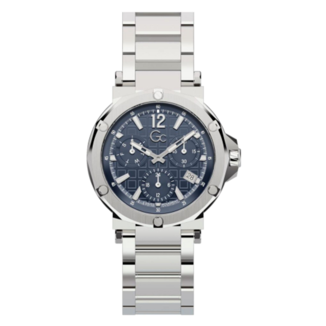 Silver watch with a blue face on a white background