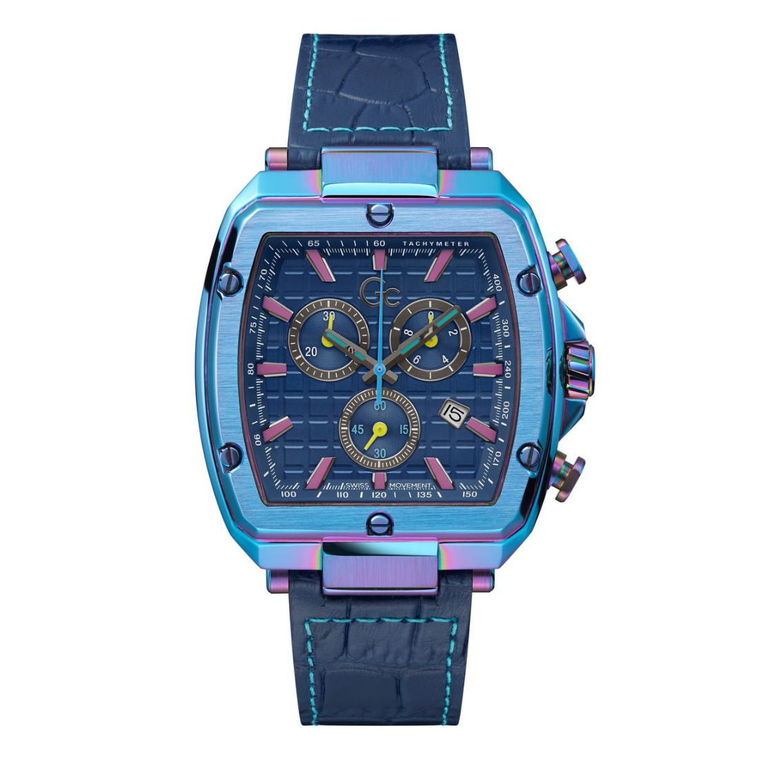 Blue watch with a detailed face on a white background
