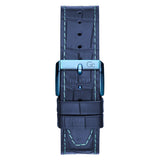 Blue watch strap with stitching detail on a white background