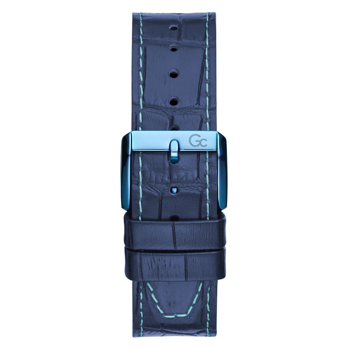 Blue watch strap with stitching detail on a white background