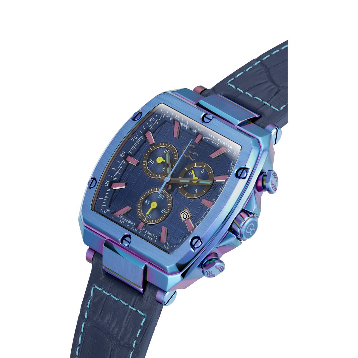 Blue wristwatch with detailed face on a white background