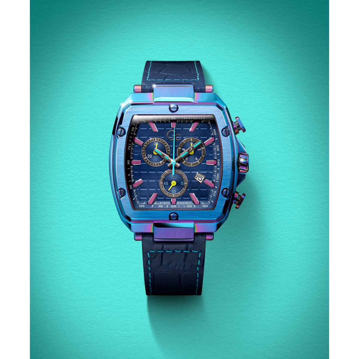 Luxury watch with a blue and black strap on a teal background
