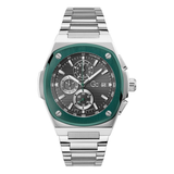 Silver watch with a green face on a white background