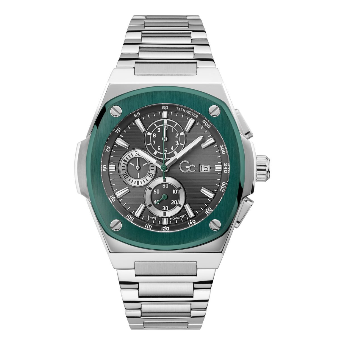 Silver watch with a green face on a white background