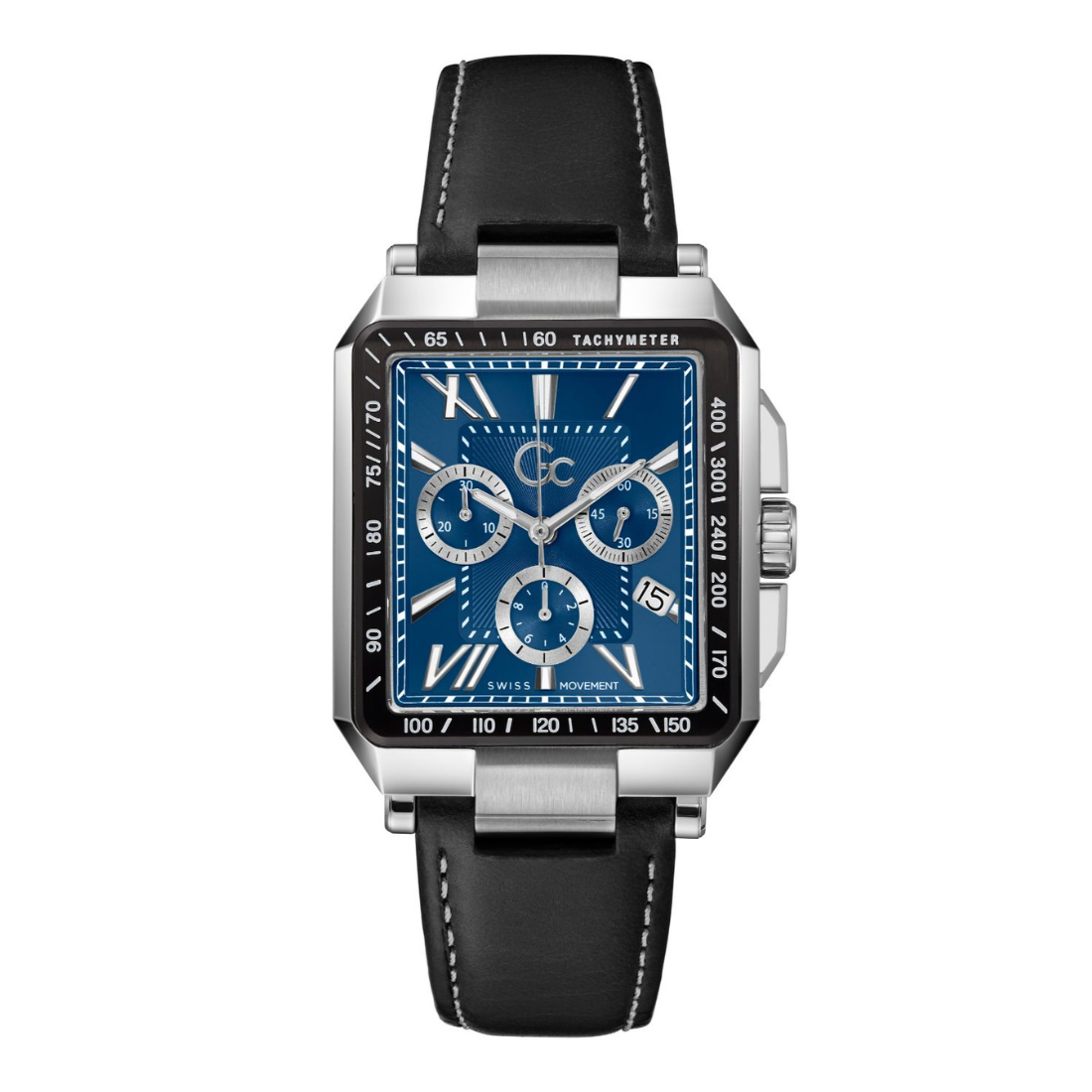 A men's chronograph watch featuring a square silver-tone stainless steel case, a blue dial with white sub-dials and Roman numeral hour markers, and a black leather strap with white stitching.