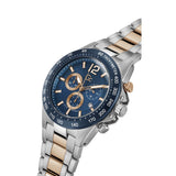 A men's two-tone analog watch with a silver and rose gold metal link bracelet, a blue dial with gold-tone subdials and markers, and a matching blue and silver bezel.