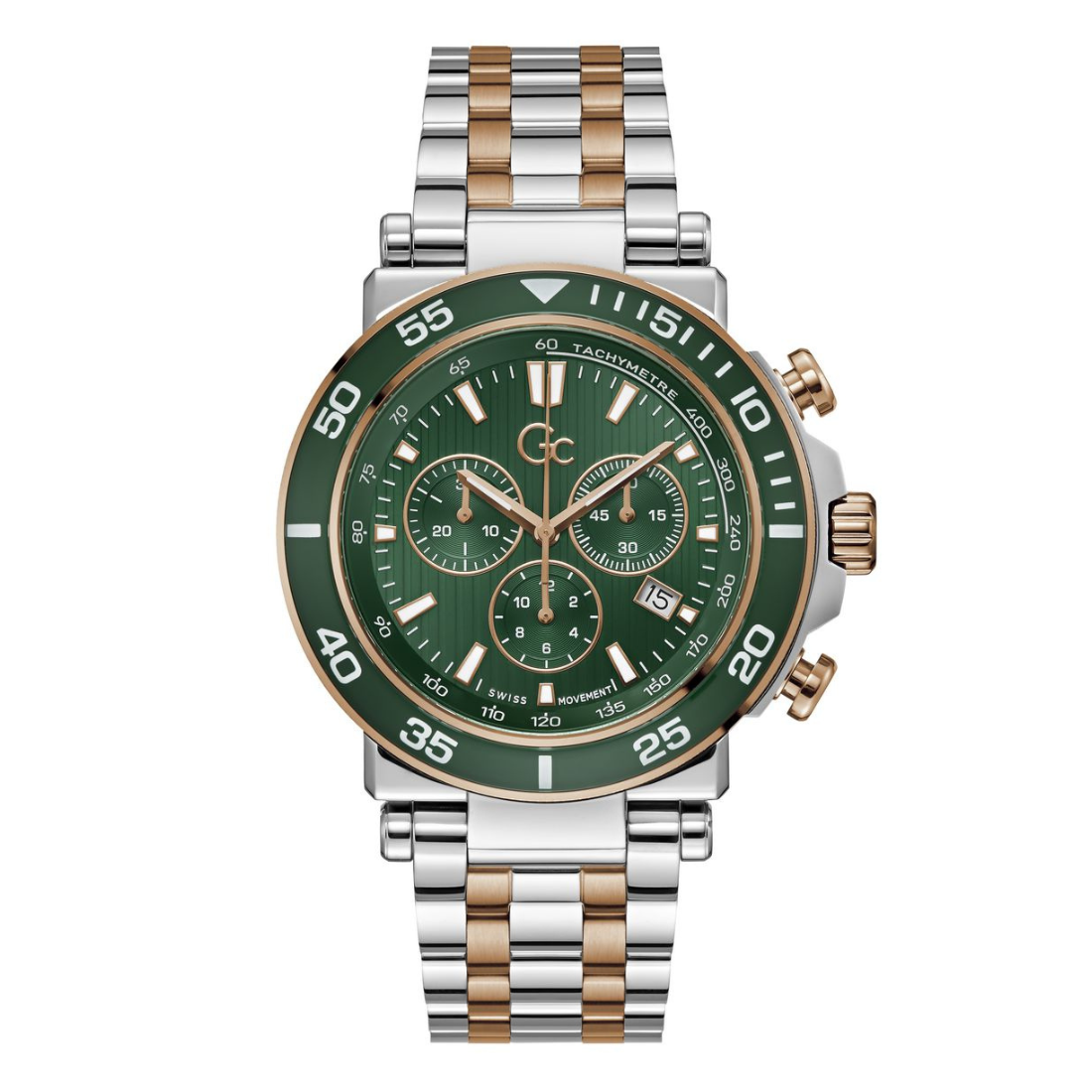 A men's two-tone watch with a green dial, green tachymeter bezel, and a silver and rose gold link bracelet, shown on a plain white background.