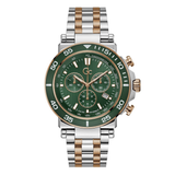 A men's two-tone watch with a green dial, green tachymeter bezel, and a silver and rose gold link bracelet, shown on a plain white background.