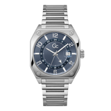 A stainless steel wrist watch with a silver-tone metal link bracelet, a silver-tone octagonal case, and a dark blue dial featuring white Arabic numerals and a date window.