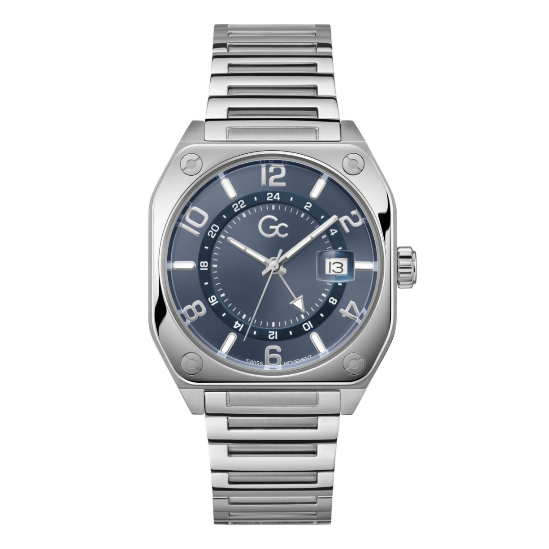 A stainless steel wrist watch with a silver-tone metal link bracelet, a silver-tone octagonal case, and a dark blue dial featuring white Arabic numerals and a date window.