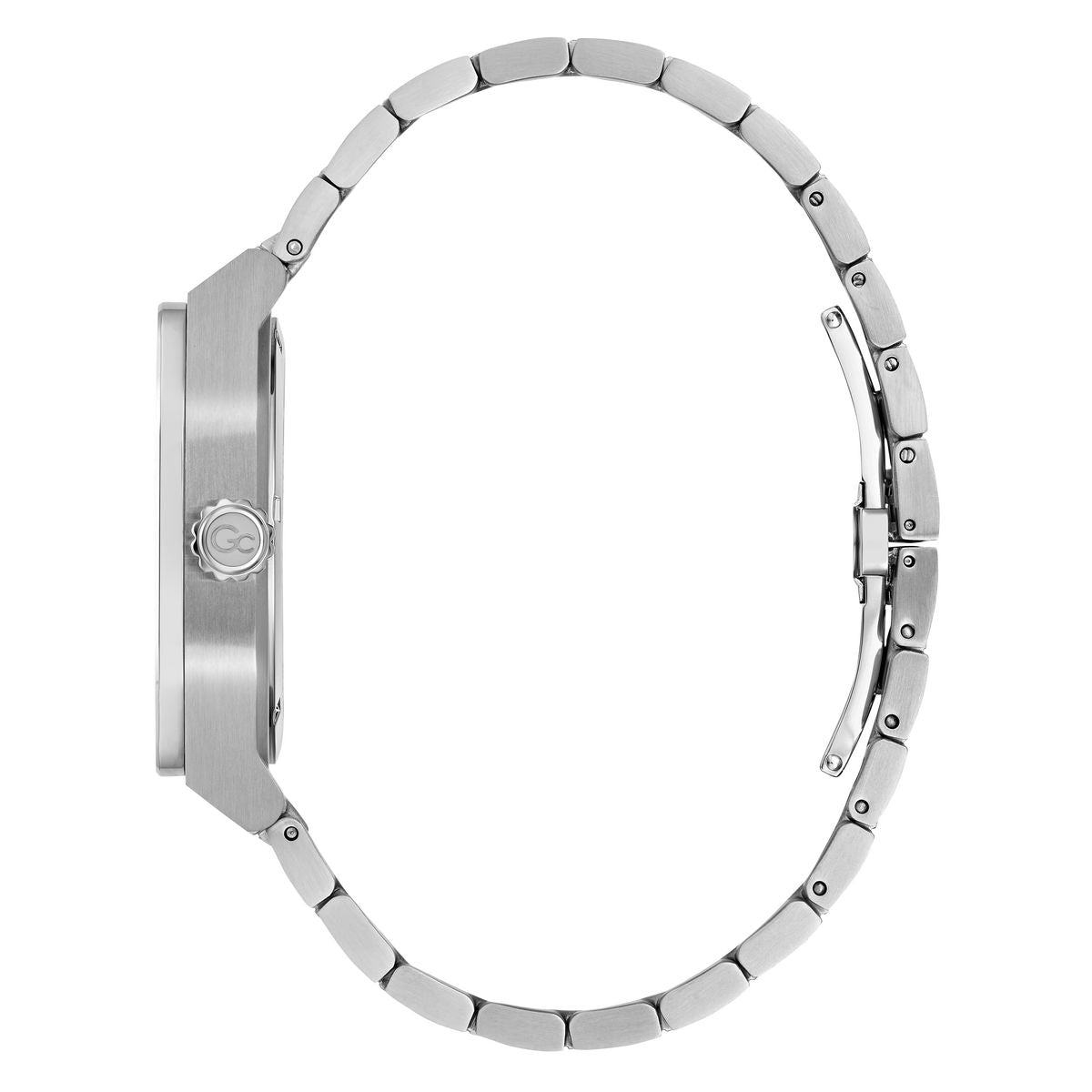 Silver stainless steel watch with a matching metal link bracelet, shown from a side profile view against a white background.