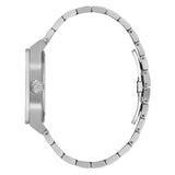 Silver stainless steel watch with a matching metal link bracelet, shown from a side profile view against a white background.
