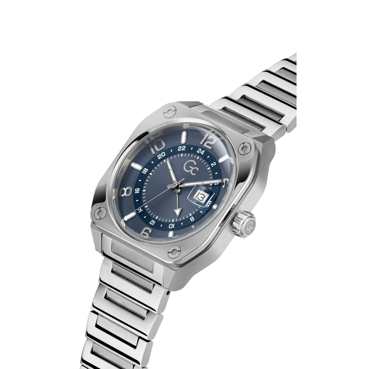 A silver-toned stainless steel wristwatch with a dark blue dial, featuring a date window, silver-tone hour markers, and a matching steel link bracelet, shown against a plain white background.
