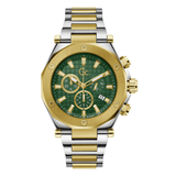 A two-tone stainless steel and gold chronograph watch with a green dial, featuring a multi-dial face, date window, and a matching two-tone link bracelet on a white background.