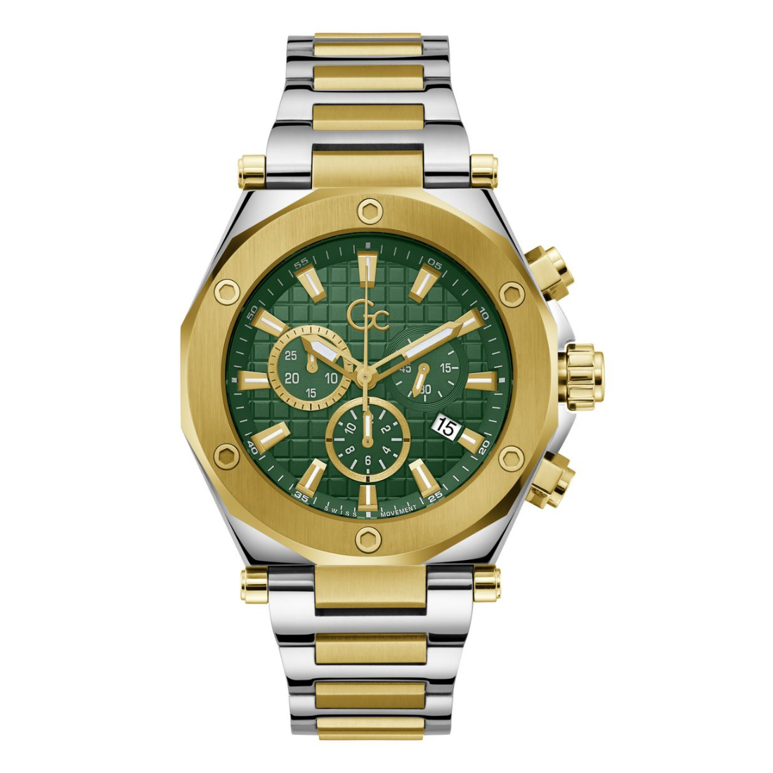 A two-tone stainless steel and gold chronograph watch with a green dial, featuring a multi-dial face, date window, and a matching two-tone link bracelet on a white background.