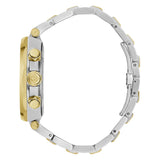 A two-tone stainless steel and gold chronograph watch shown from the side profile, featuring a silver-toned link bracelet and gold-toned case details on a white background.
