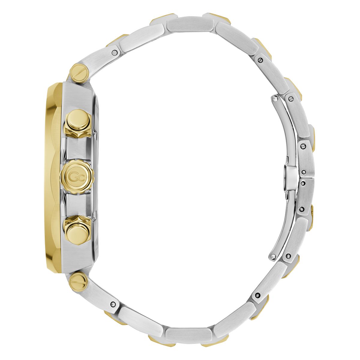 A two-tone stainless steel and gold chronograph watch shown from the side profile, featuring a silver-toned link bracelet and gold-toned case details on a white background.