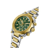A two-tone stainless steel and gold chronograph watch with a green dial, displayed on a clean white background.