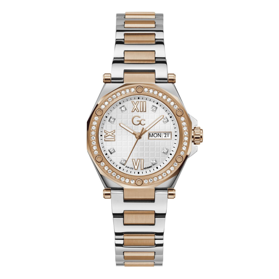 A women's two-tone stainless steel and rose gold watch with a white dial, crystal gemstone bezel, and a day and date window.