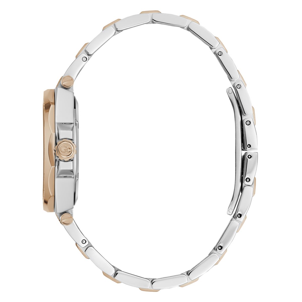 A two-tone stainless steel and rose gold watch band shown from the side profile against a solid white background.