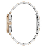 A two-tone stainless steel and rose gold watch band shown from the side profile against a solid white background.