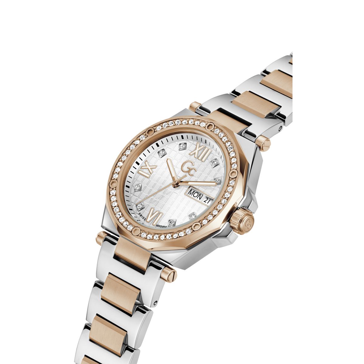 A two-tone stainless steel and rose gold watch with a white mother-of-pearl dial, crystal-encrusted bezel, and matching link bracelet, shown on a plain white background.