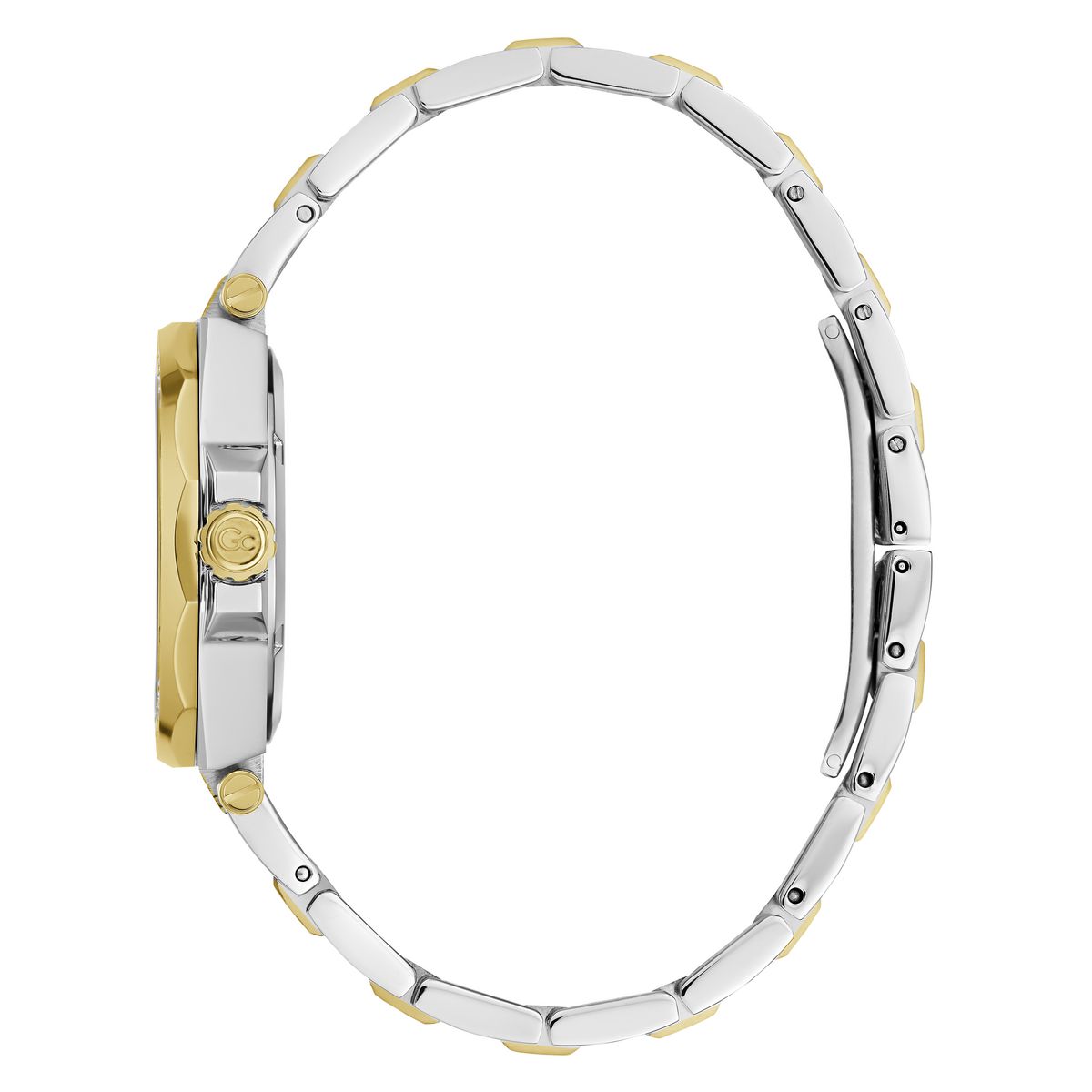 A two-tone stainless steel and yellow gold watch shown from the side profile, featuring a matching link bracelet with gold accents and a gold crown.