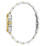 A two-tone stainless steel and yellow gold watch shown from the side profile, featuring a matching link bracelet with gold accents and a gold crown.