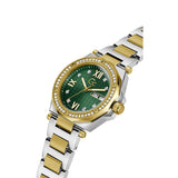A two-tone stainless steel and gold wristwatch with a green dial, diamond accents, and a date window, shown on a plain white background.