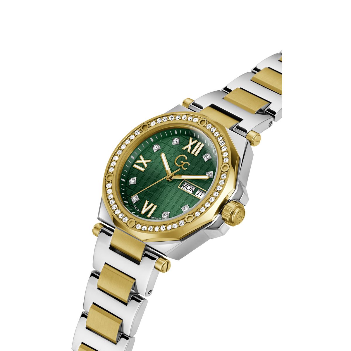 A two-tone stainless steel and gold wristwatch with a green dial, diamond accents, and a date window, shown on a plain white background.
