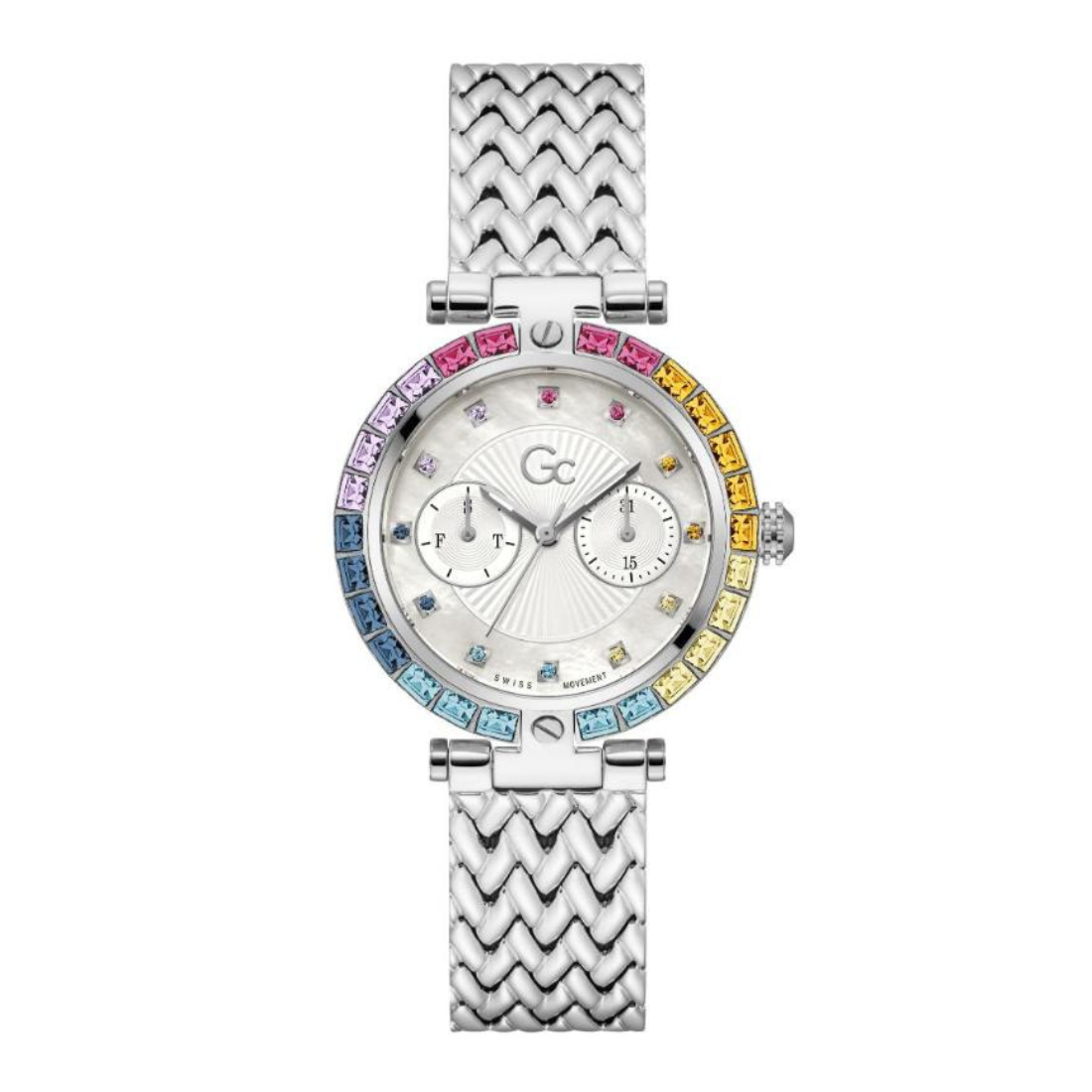 A women's GC analog watch with a white dial and a multicolored gemstone-encrusted bezel, featuring a silver stainless steel bracelet with a herringbone pattern.