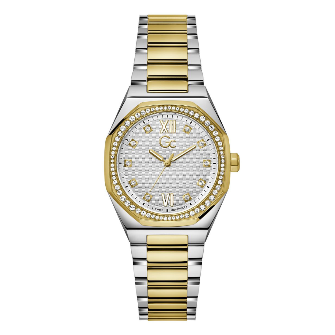 A two-tone wristwatch shown from the side profile, featuring a silver-toned metal link bracelet and a gold-toned case with a gold crown.